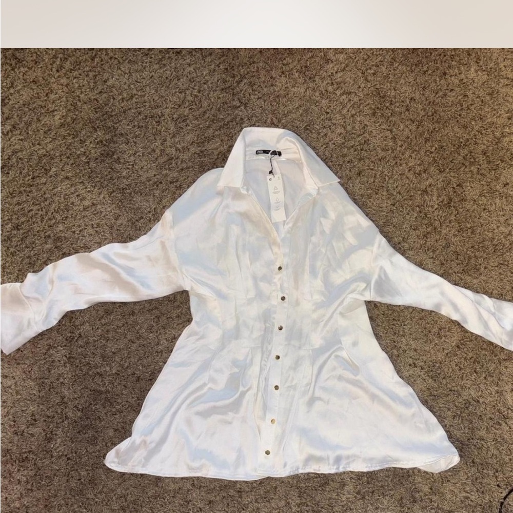 Zara White Satin Button-Down Shirt